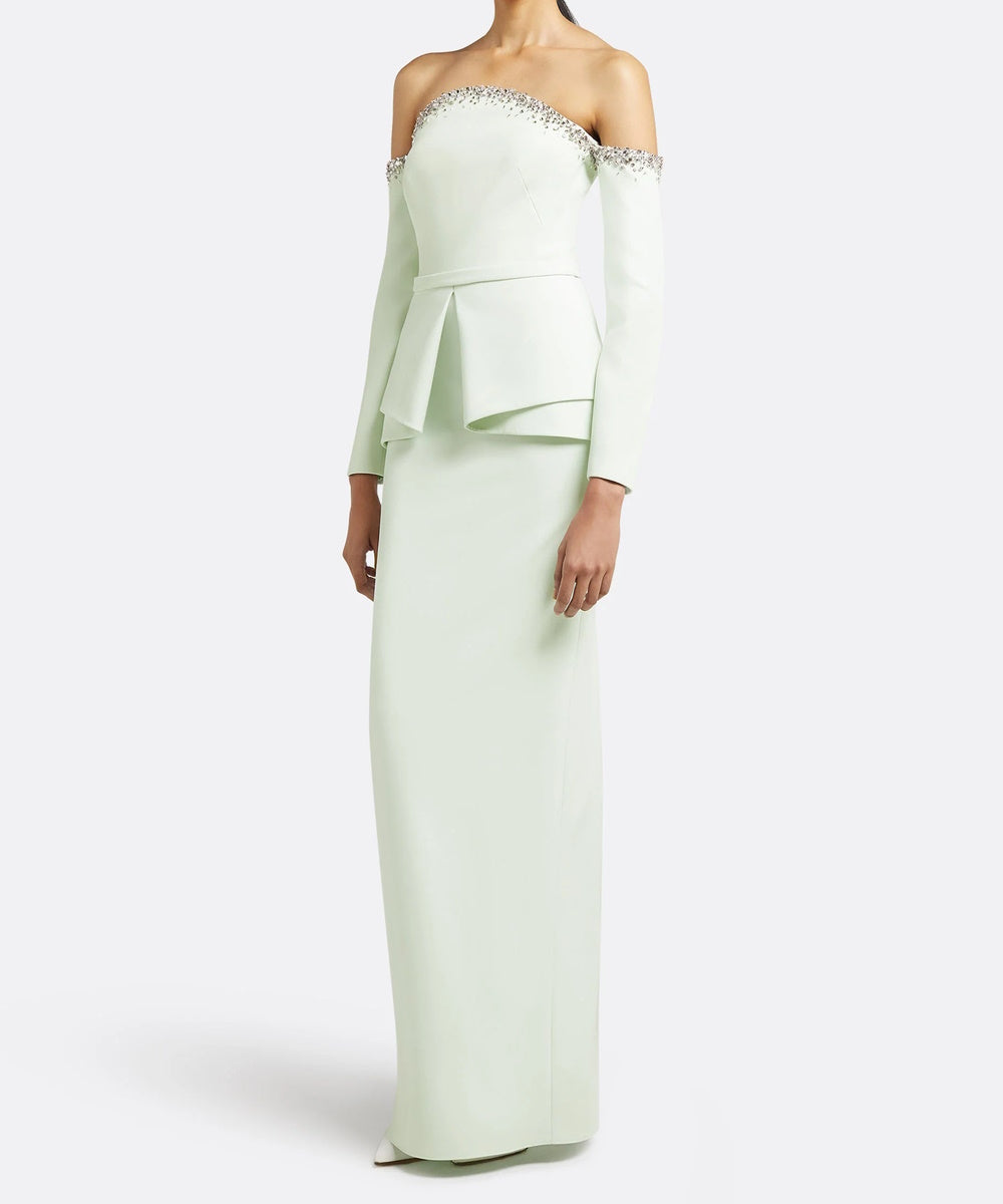 Mint Green Off The Shoulder Crystal Trim Peplum Column Maxi Evening Gown