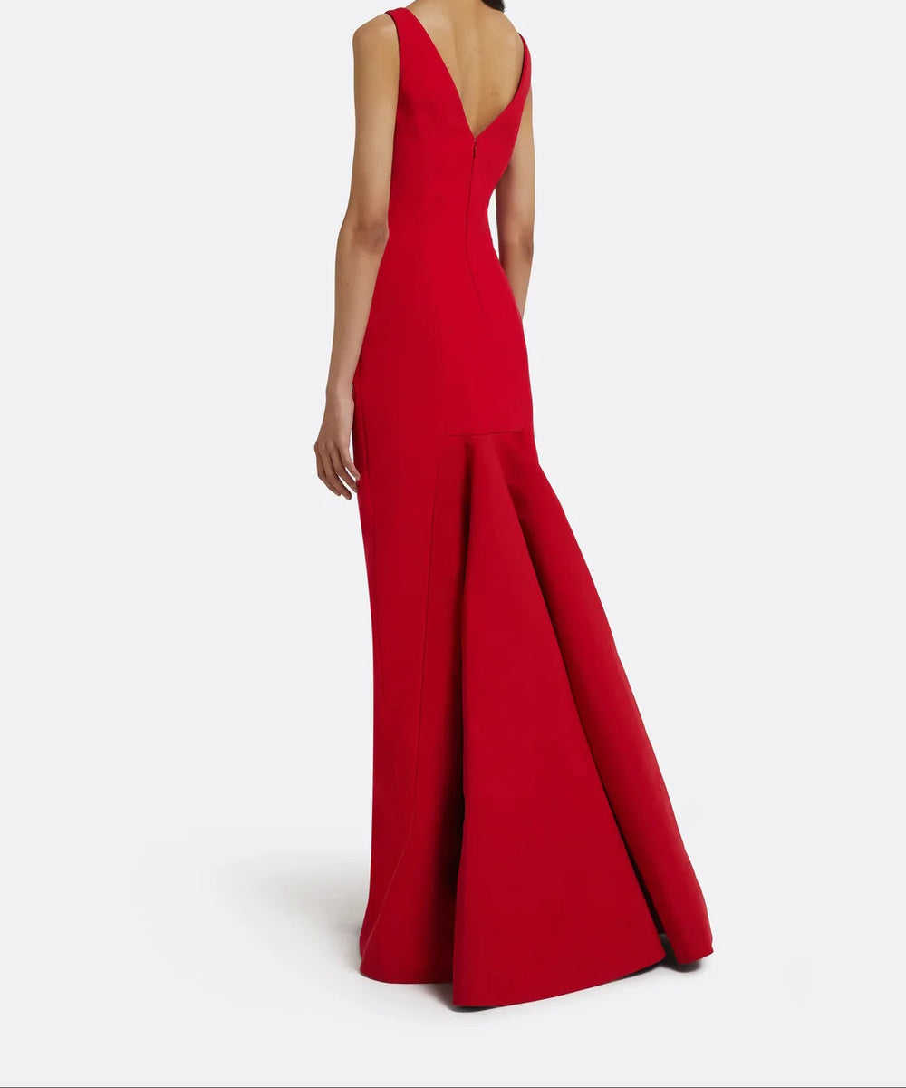 Red Sleeveless Boat Neck V-Back Flared Mermaid Maxi Evening Gown