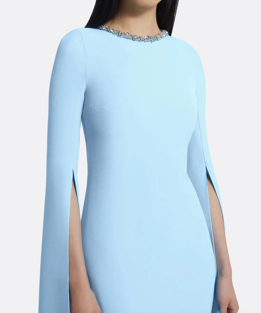 Sky Blue Crystal Neck Cape Sleeve Column Gown