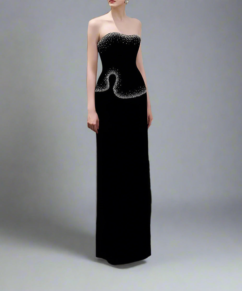 Two Styles Black Velvet Gradient Rhinestone Column Evening Gown