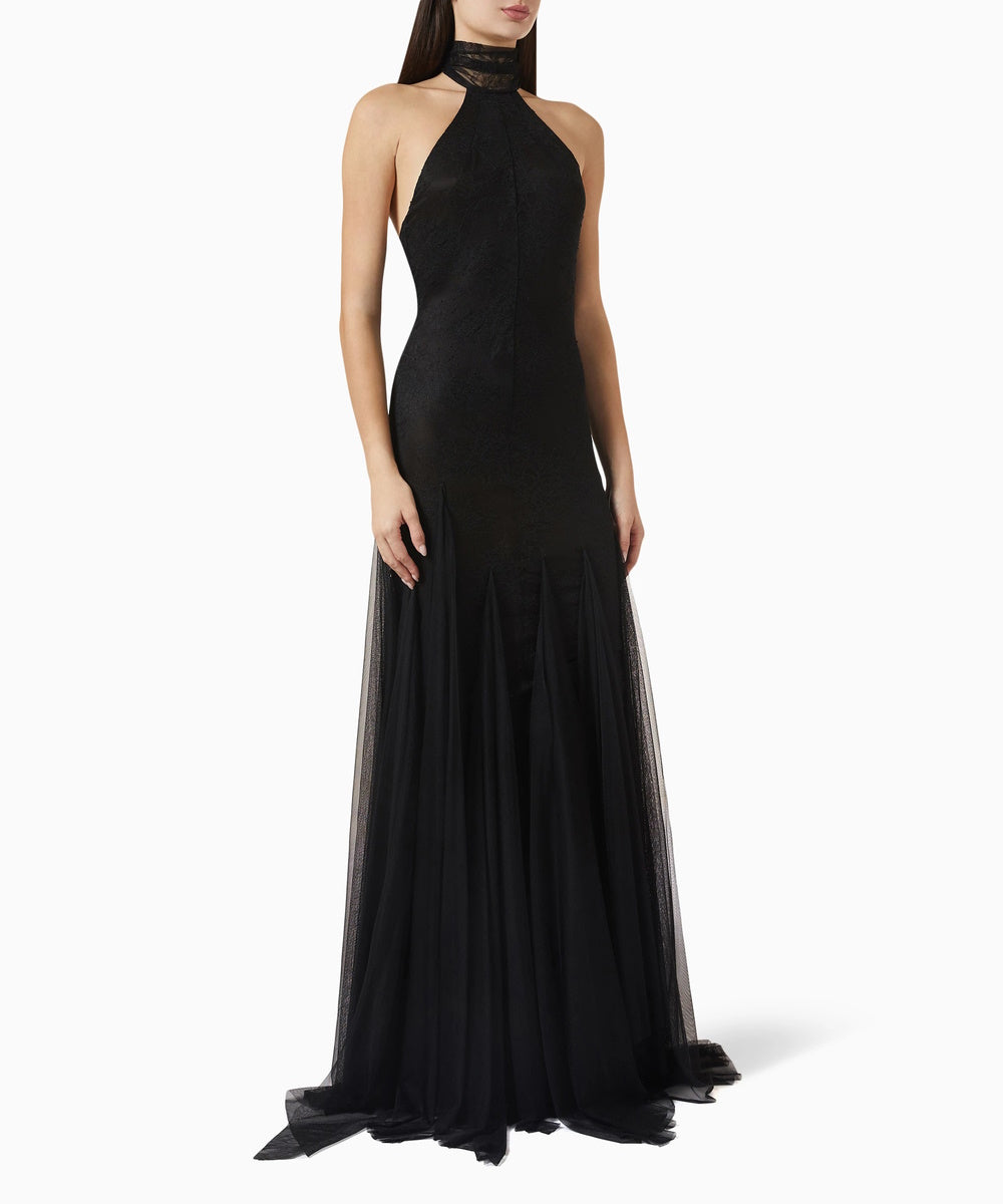 Black Halter Lace Maxi Gown With Flared Tulle Skirt