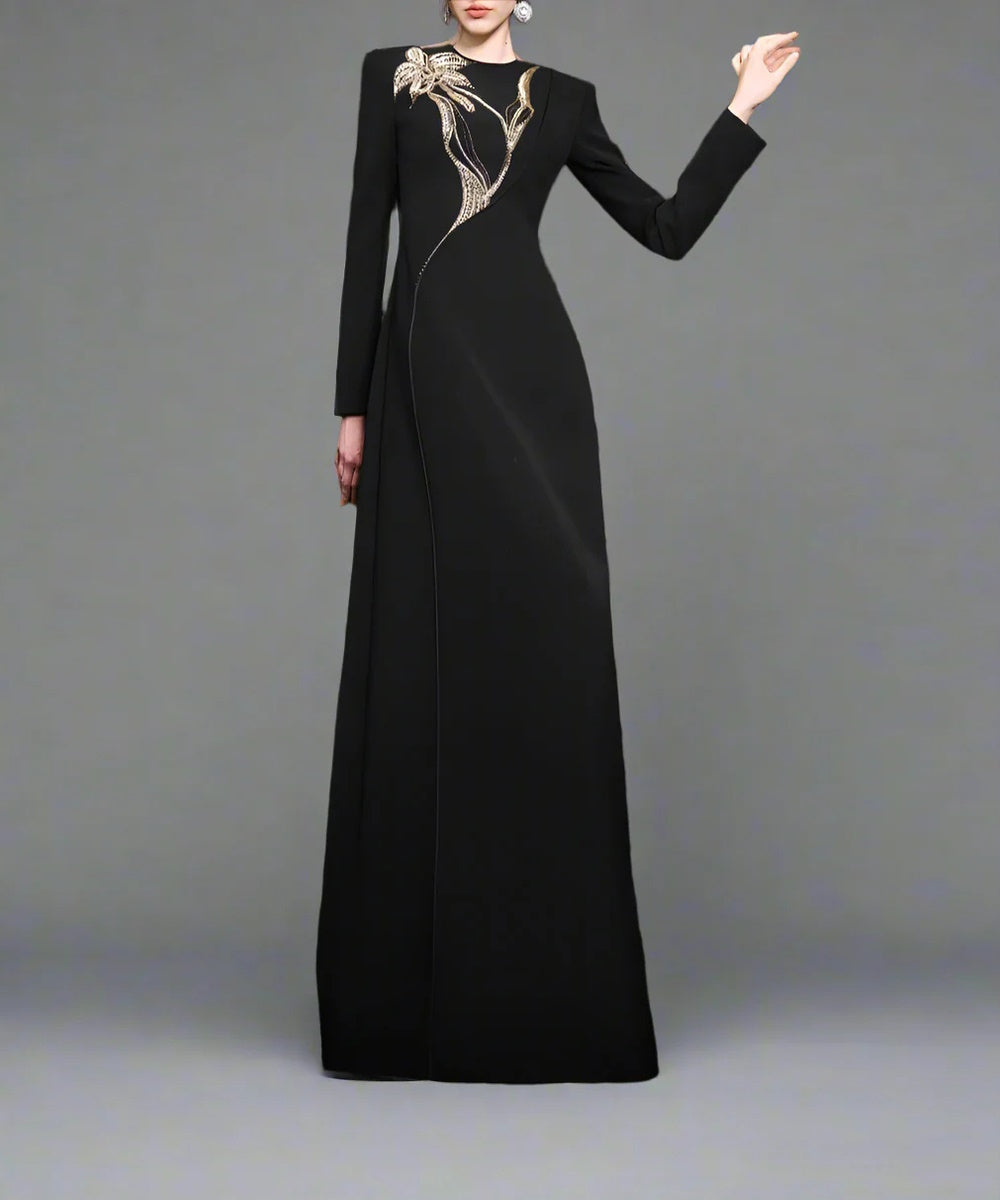 Black Long Sleeve Round Neck Gold Floral Rhinestone Embellished Column Formal Maxi Gown