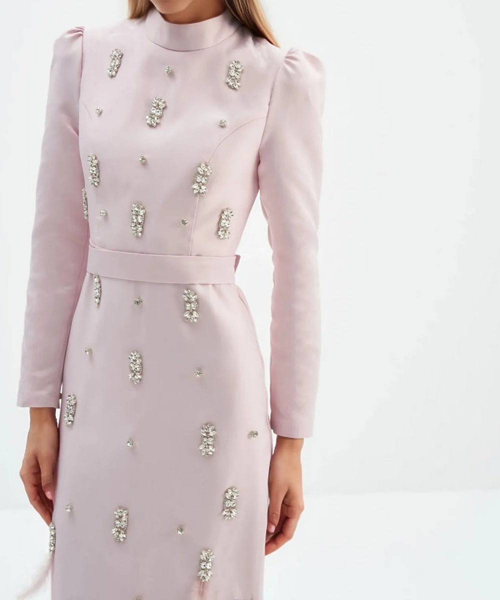 High Neck Puff Sleeve Rhinestone Feather Midi Formal Dress With Belt