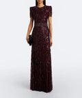 Burgundy Short Sleeve Fully Beaded Column Evening Gown
