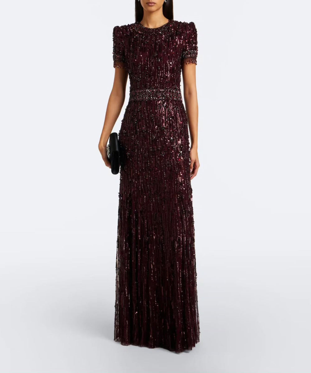 Burgundy Short Sleeve Fully Beaded Column Evening Gown