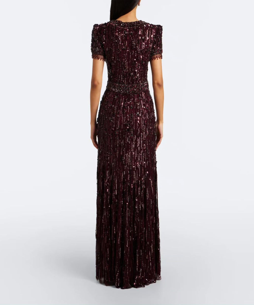 Burgundy Short Sleeve Fully Beaded Column Evening Gown