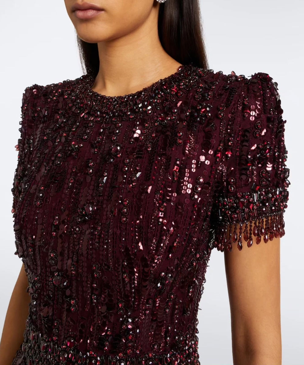 Burgundy Short Sleeve Fully Beaded Column Evening Gown