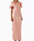 Blush Pink Off Shoulder Sequin Column Gown With Organza Ruffles