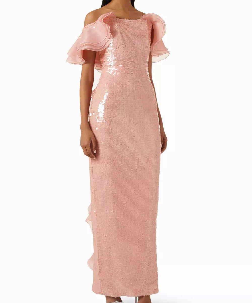 Blush Pink Off Shoulder Sequin Column Gown With Organza Ruffles