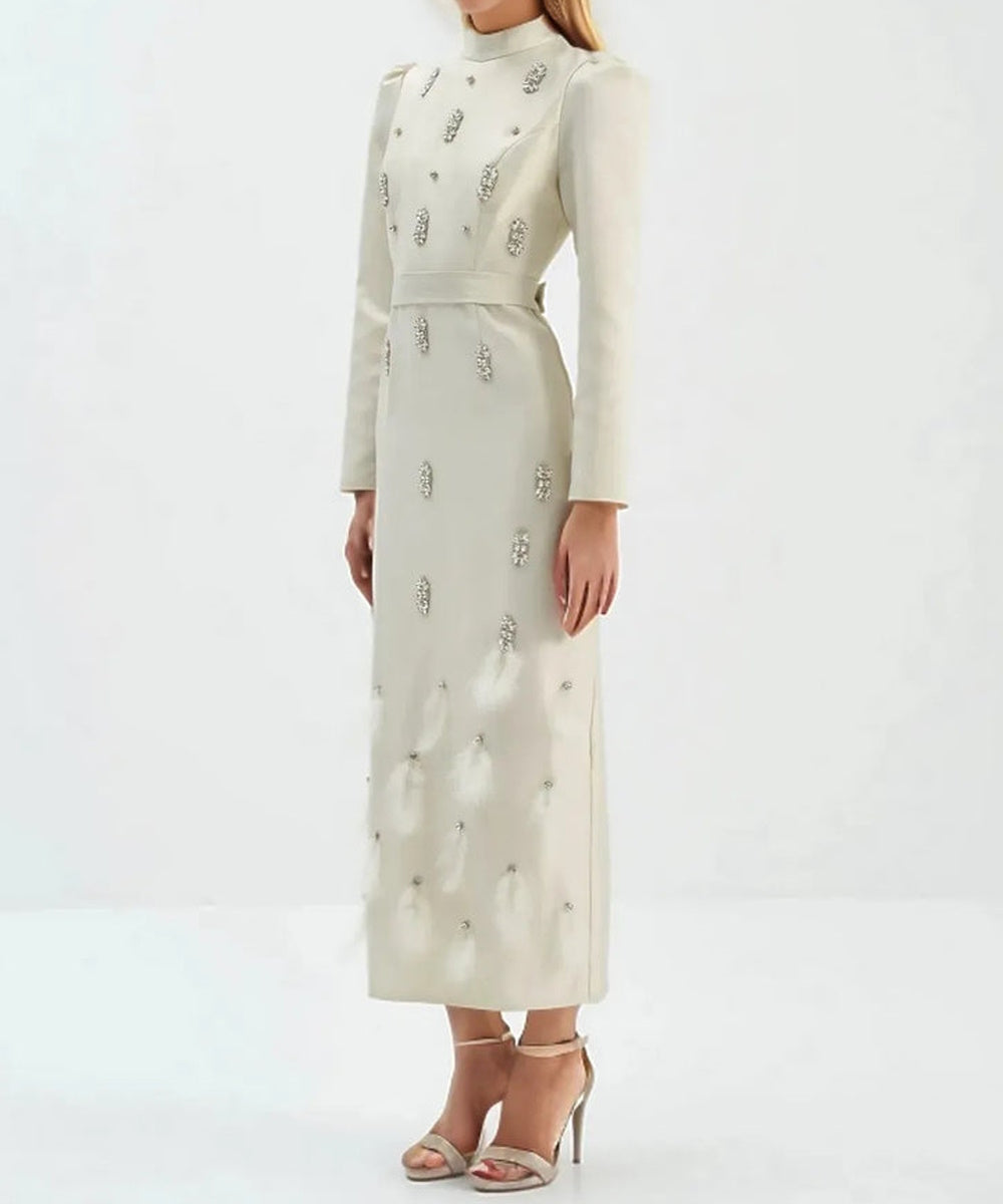 High Neck Puff Sleeve Rhinestone Feather Midi Formal Dress With Belt