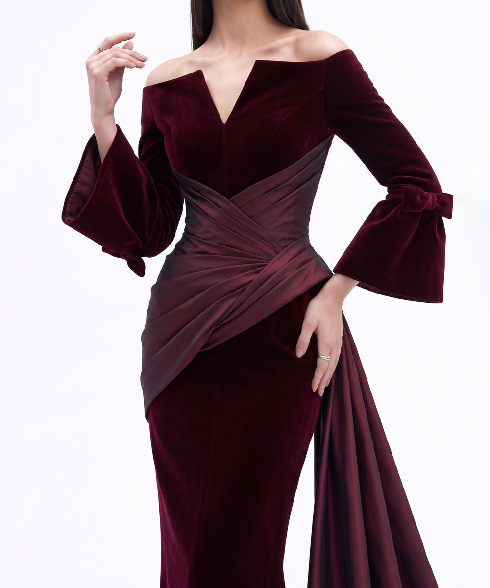Burgundy Velvet Off Shoulder Mermaid Gown With Satin Draped Train