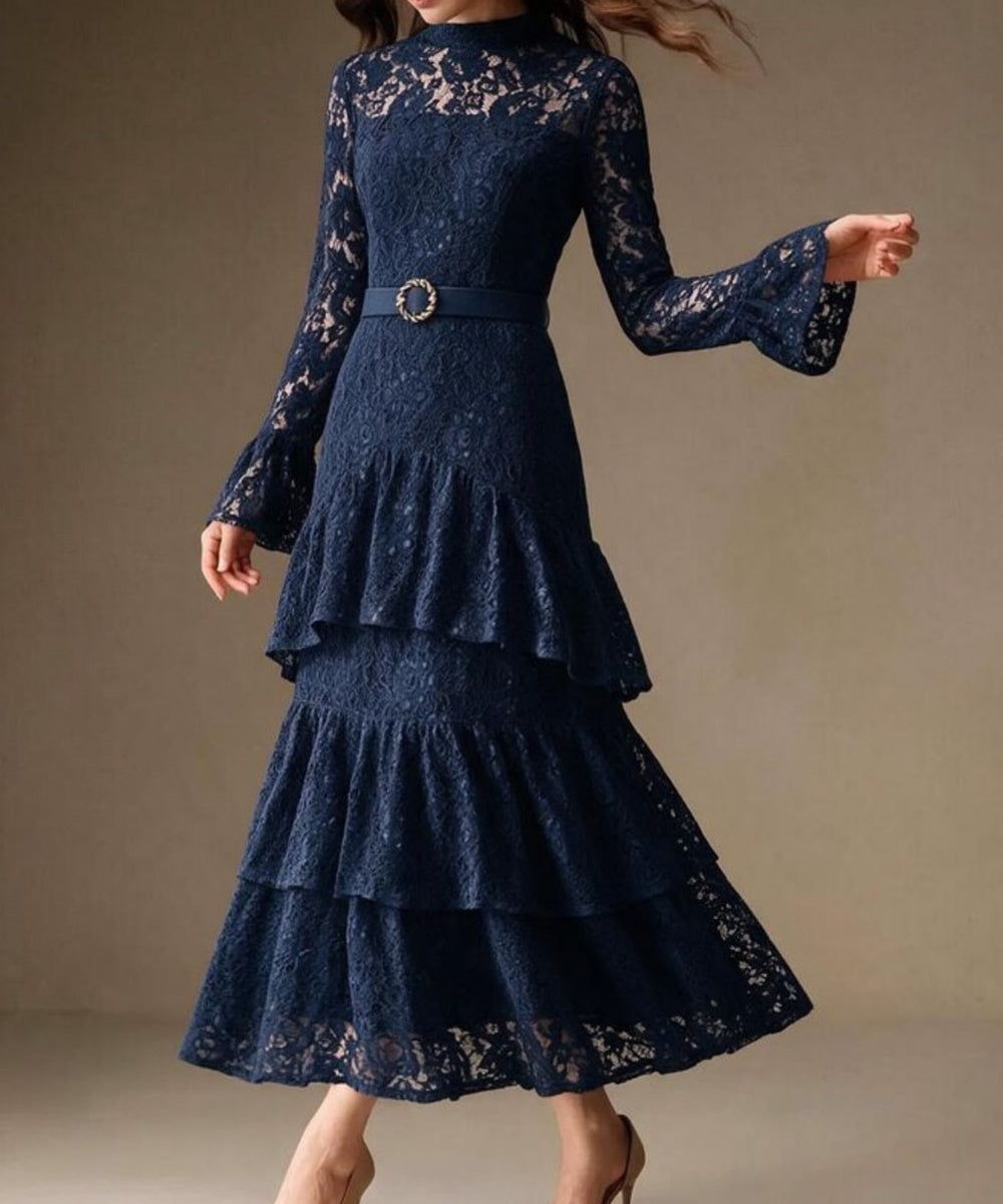 Navy Blue High Neck Lace Tiered Midi Dress With Flare Sleeves