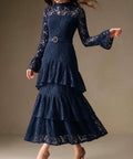 Navy Blue High Neck Lace Tiered Midi Dress With Flare Sleeves