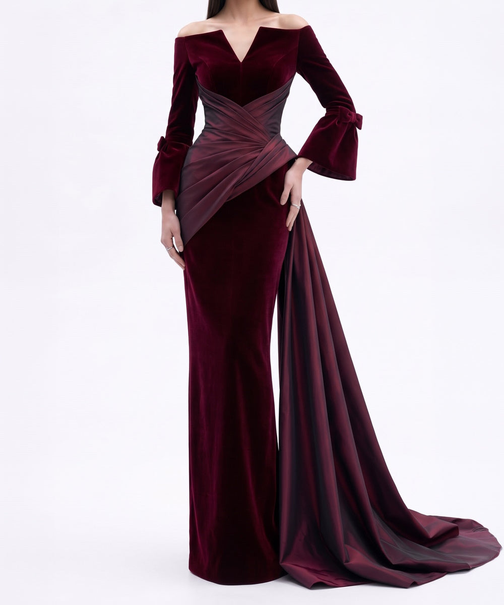 Burgundy Velvet Off Shoulder Mermaid Gown With Satin Draped Train