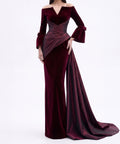 Burgundy Velvet Off Shoulder Mermaid Gown With Satin Draped Train