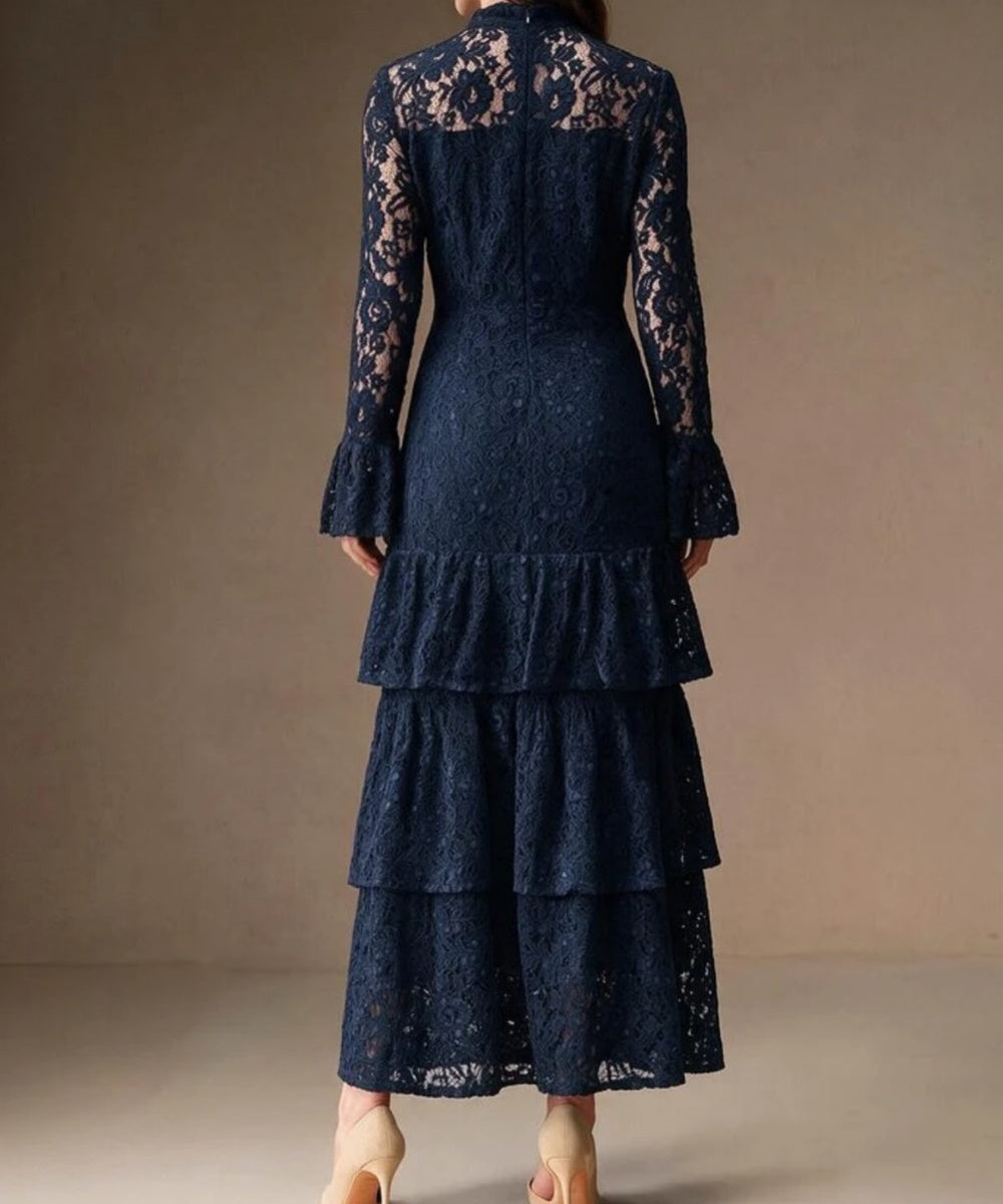 Navy Blue High Neck Lace Tiered Midi Dress With Flare Sleeves