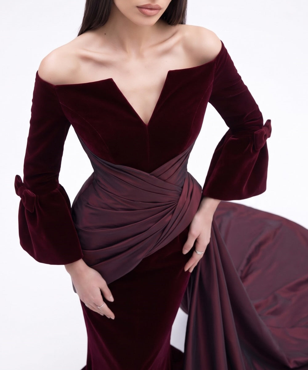Burgundy Velvet Off Shoulder Mermaid Gown With Satin Draped Train