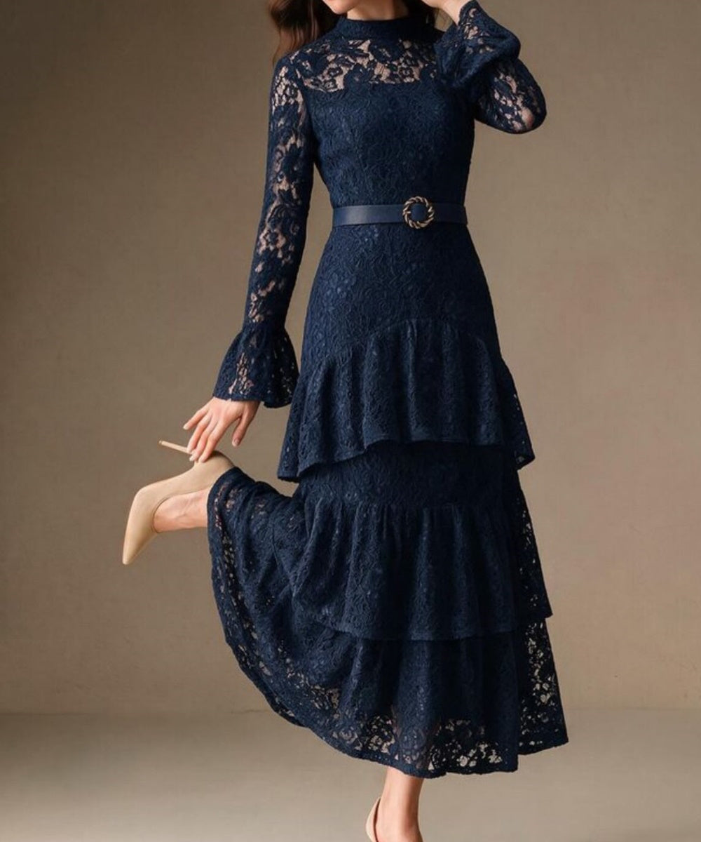 Navy Blue High Neck Lace Tiered Midi Dress With Flare Sleeves
