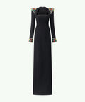Black Square Neck Long Sleeve Column Maxi Gown With Multicolor Gem Embellished Shoulder & Cuffs