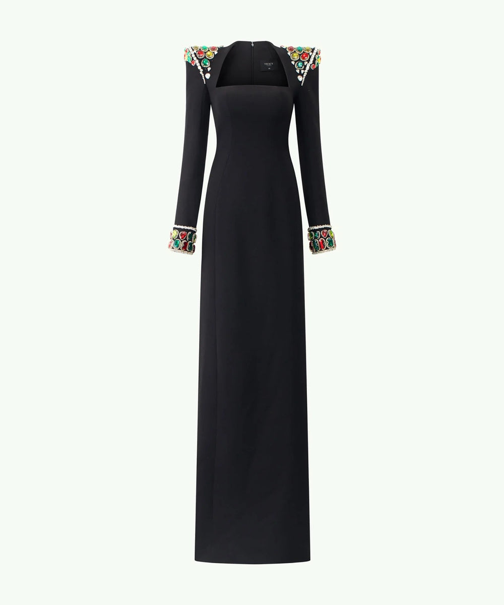 Black Square Neck Long Sleeve Column Maxi Gown With Multicolor Gem Embellished Shoulder & Cuffs