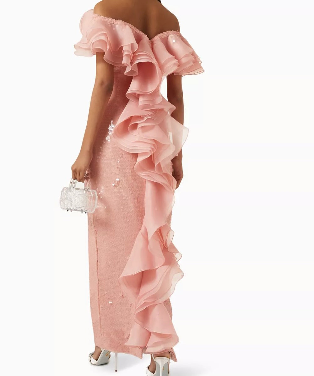 Blush Pink Off Shoulder Sequin Column Gown With Organza Ruffles