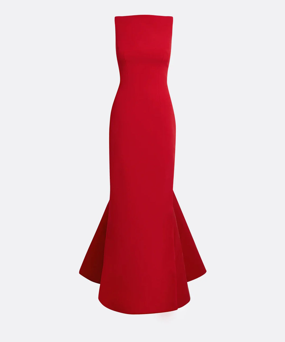 Red Sleeveless Boat Neck V-Back Flared Mermaid Maxi Evening Gown