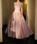 Strapless Dusty Pink Satin Corset Midi Evening Gown With Back Bow