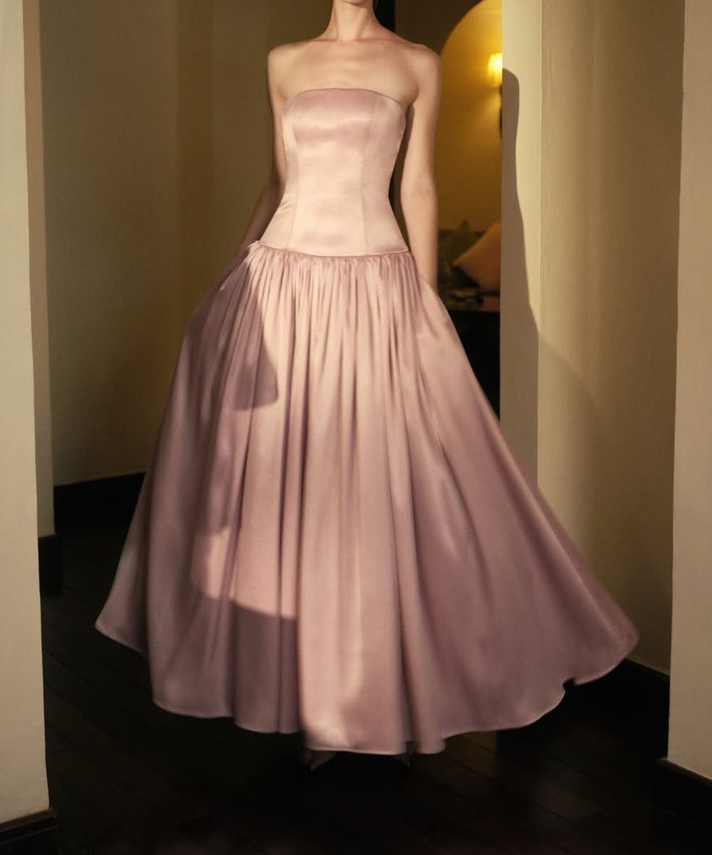 Strapless Dusty Pink Satin Corset Midi Evening Gown With Back Bow