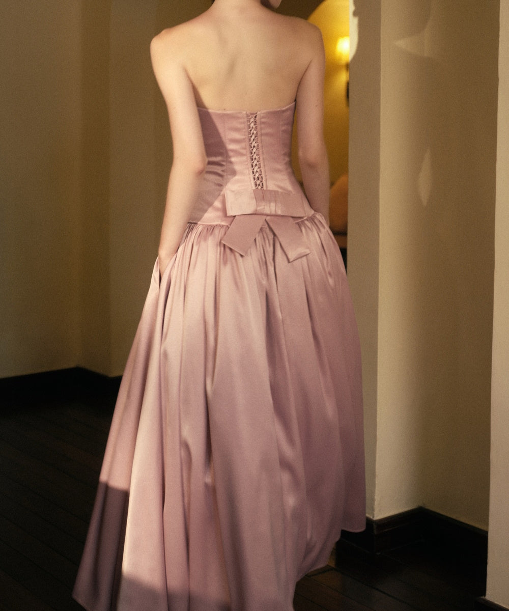 Strapless Dusty Pink Satin Corset Midi Evening Gown With Back Bow