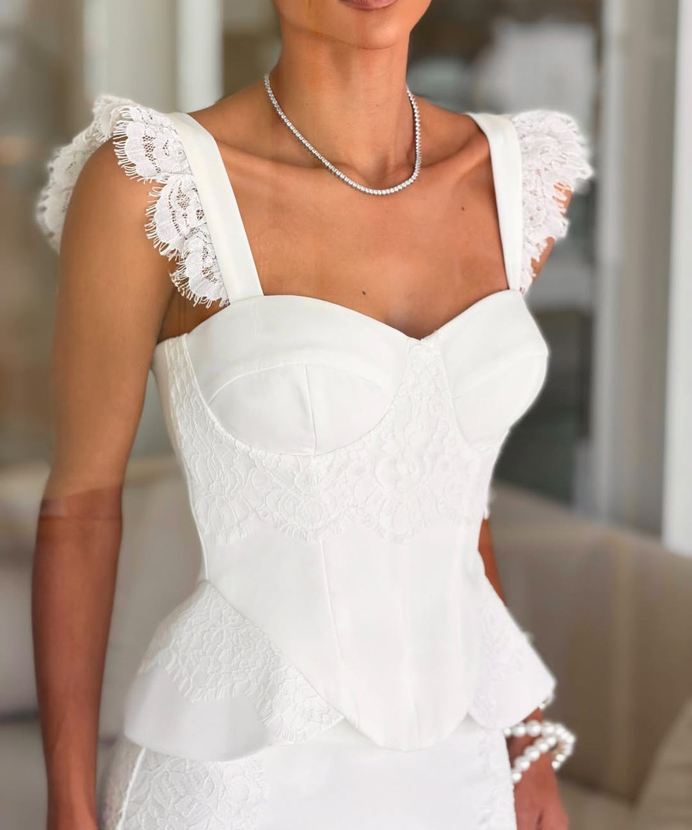 White Lace Ruffle Strap Corset Peplum Midi Formal Dress