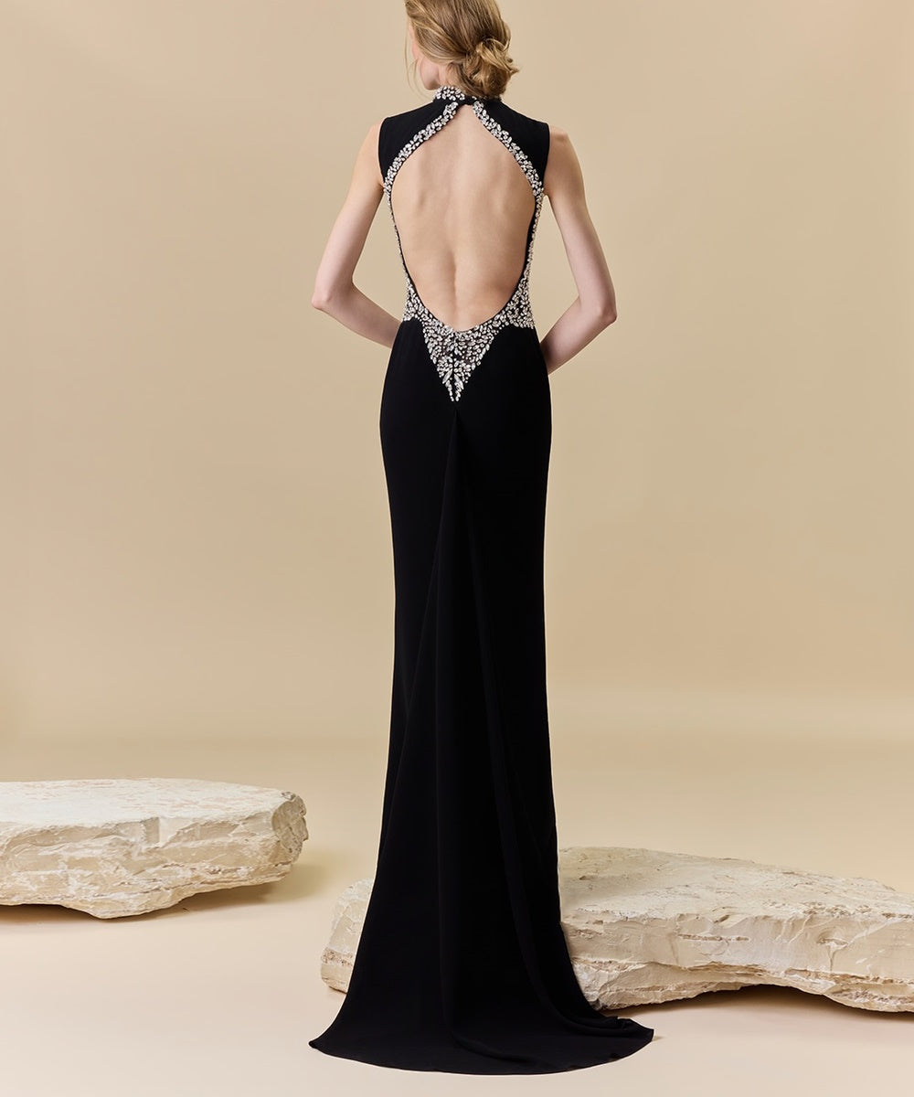 Black High Neck Crystal Beaded Open Back Mermaid Evening Gown