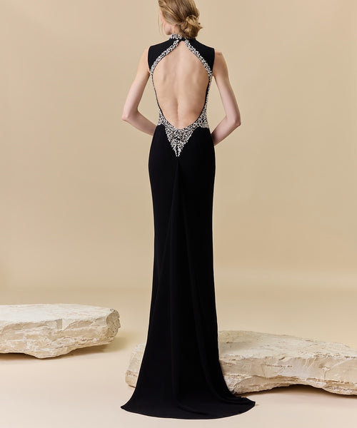 Black High Neck Crystal Beaded Open Back Mermaid Evening Gown