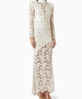 White Floral Lace Beaded Mermaid Maxi Evening Dress With Long Sleeves & Open Back