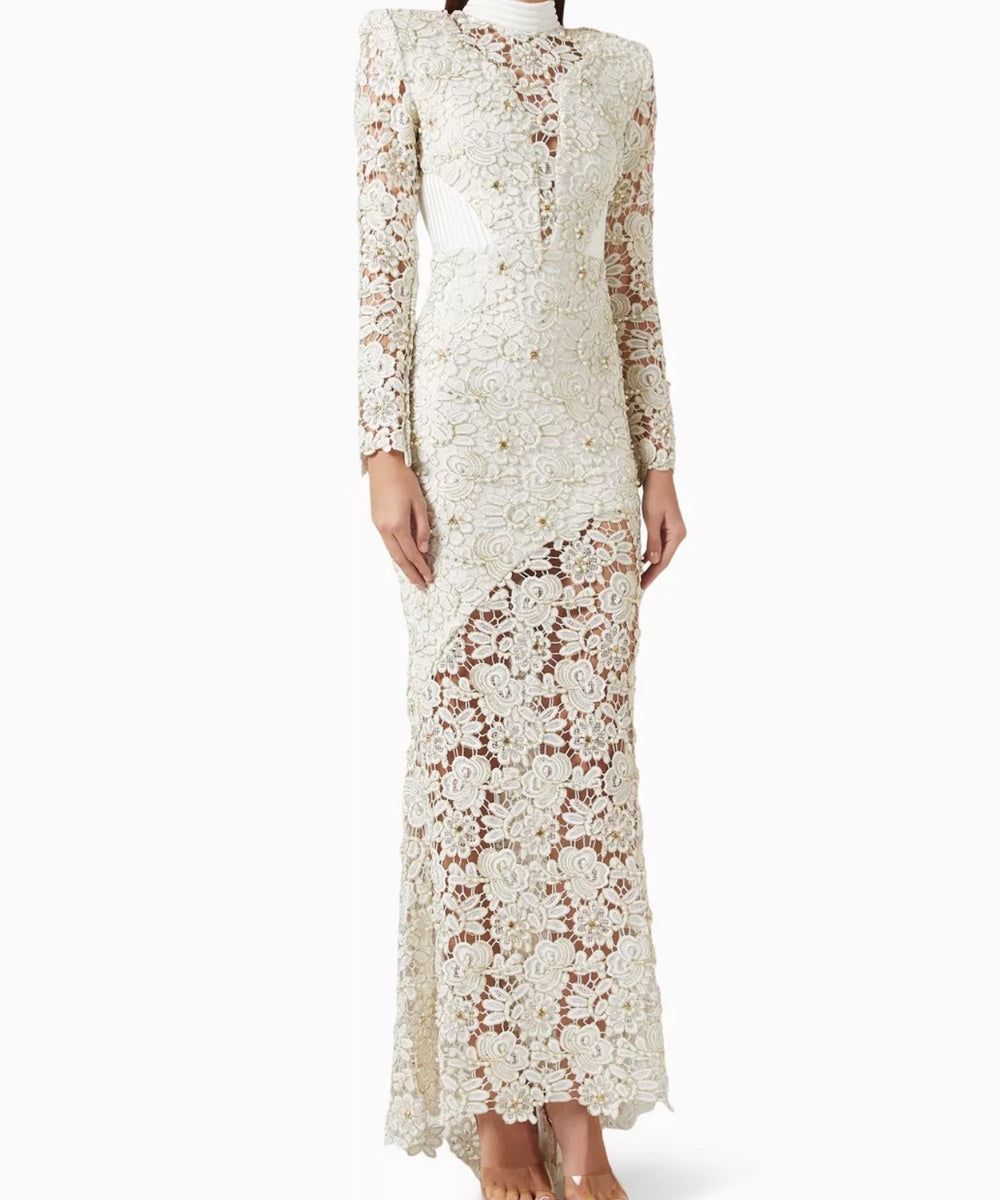 White Floral Lace Beaded Mermaid Maxi Evening Dress With Long Sleeves & Open Back