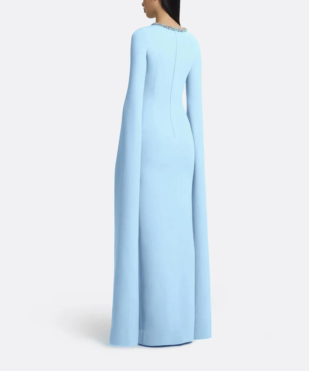 Sky Blue Crystal Neck Cape Sleeve Column Gown