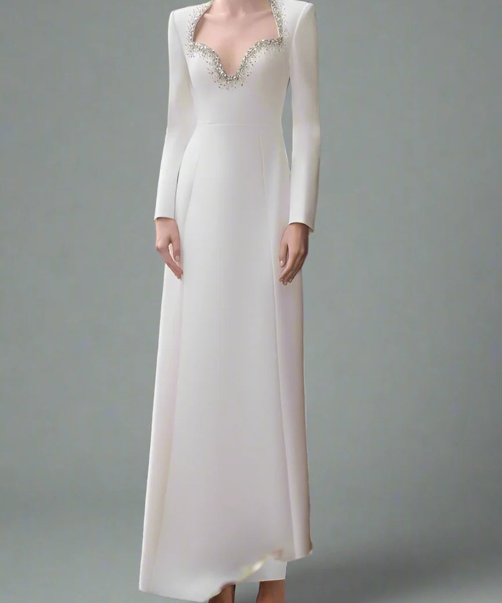 Ivory Crystal Beaded Heart Cutout Long Sleeve A-Line Maxi Formal Gown