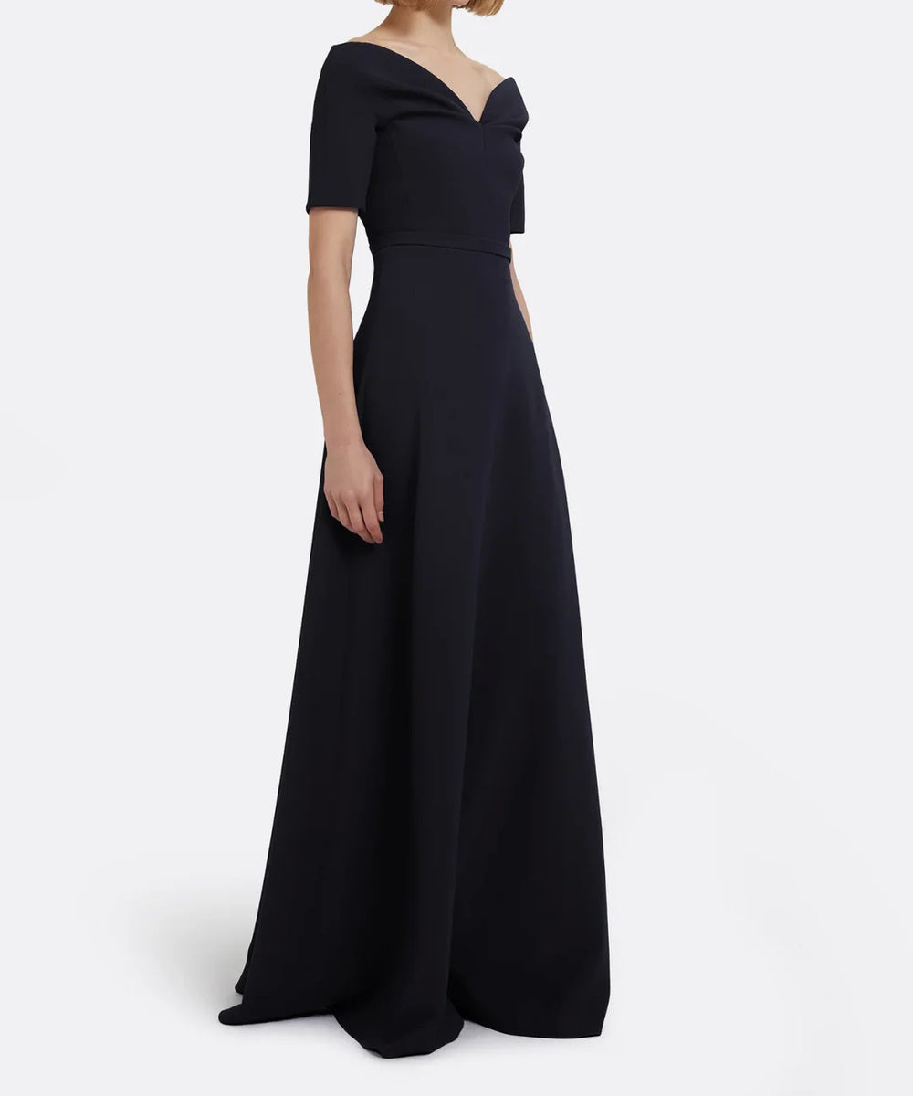 Black Off The Shoulder Folded V-Neck Short Sleeve A-Line Maxi Evening Gown With Waist Belt