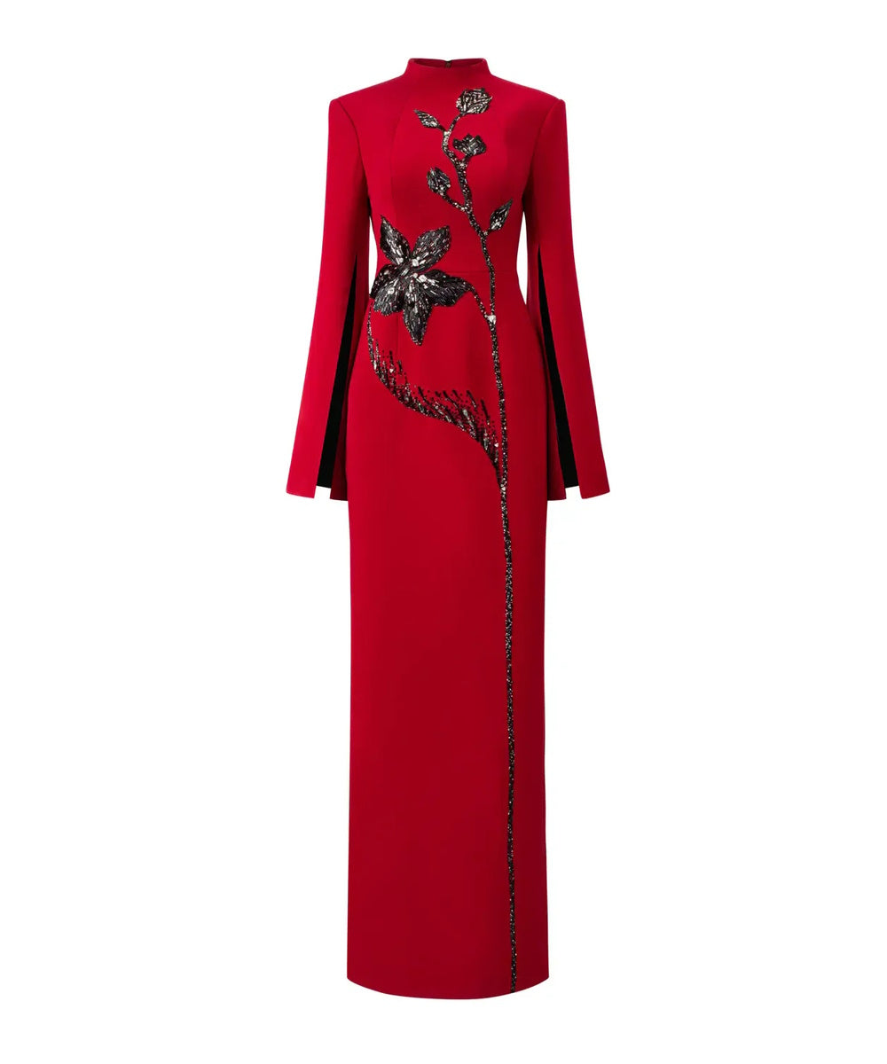 Red Mandarin Collar Split Cape Sleeve Floral Beaded Mermaid Maxi Evening Gown