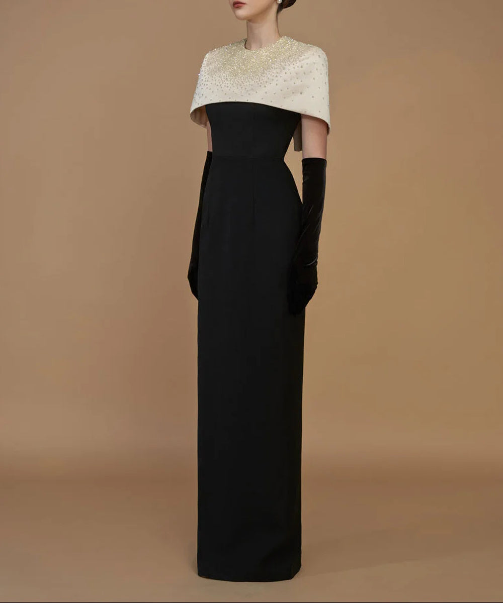 Black Column Gown with Ivory Crystal Beaded Cape Overlay