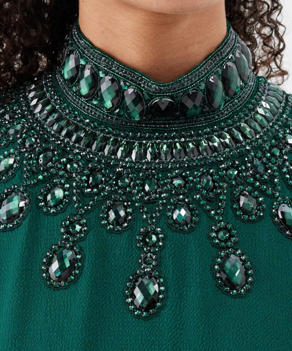 Emerald Green High Neck Crystal Embellished Feather Cuff Long Sleeve Abaya Maxi Gown
