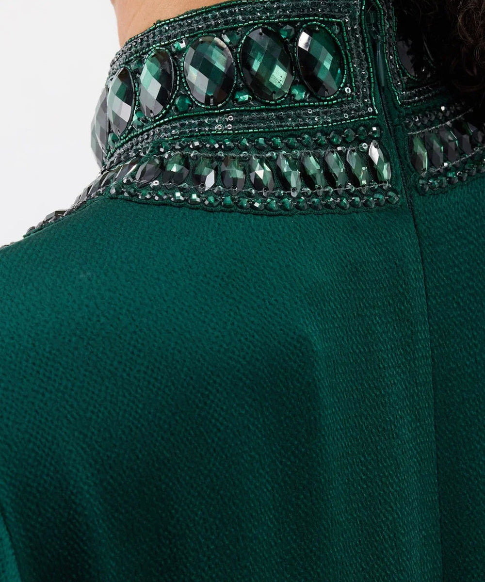 Emerald Green High Neck Crystal Embellished Feather Cuff Long Sleeve Abaya Maxi Gown