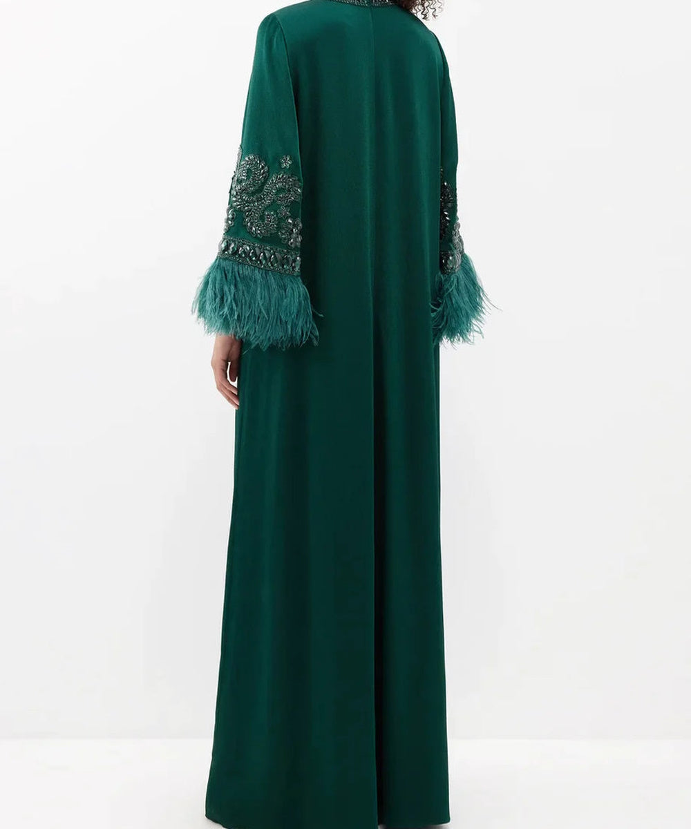 Emerald Green High Neck Crystal Embellished Feather Cuff Long Sleeve Abaya Maxi Gown