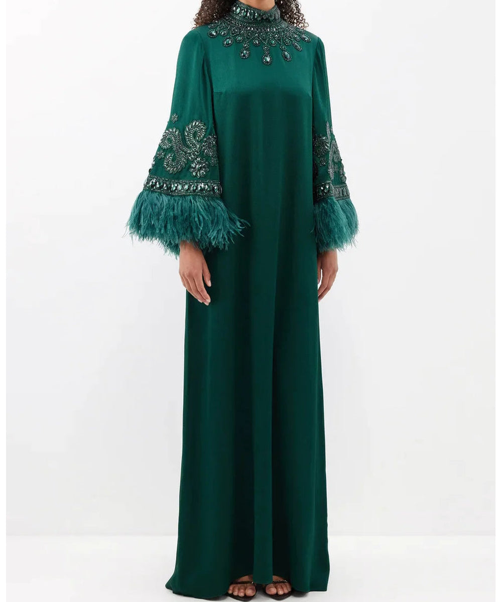 Emerald Green High Neck Crystal Embellished Feather Cuff Long Sleeve Abaya Maxi Gown