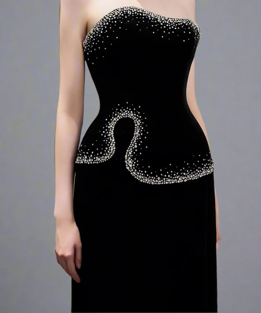 Two Styles Black Velvet Gradient Rhinestone Column Evening Gown