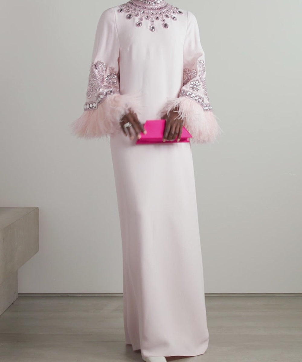 Dusty Pink High Neck Crystal Embellished Flared Feather Cuff Long Maxi Abaya Gown