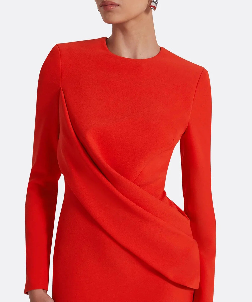 Bright Red Round Neck Long Sleeve Diagonal Draped Crepe Column Maxi Gown