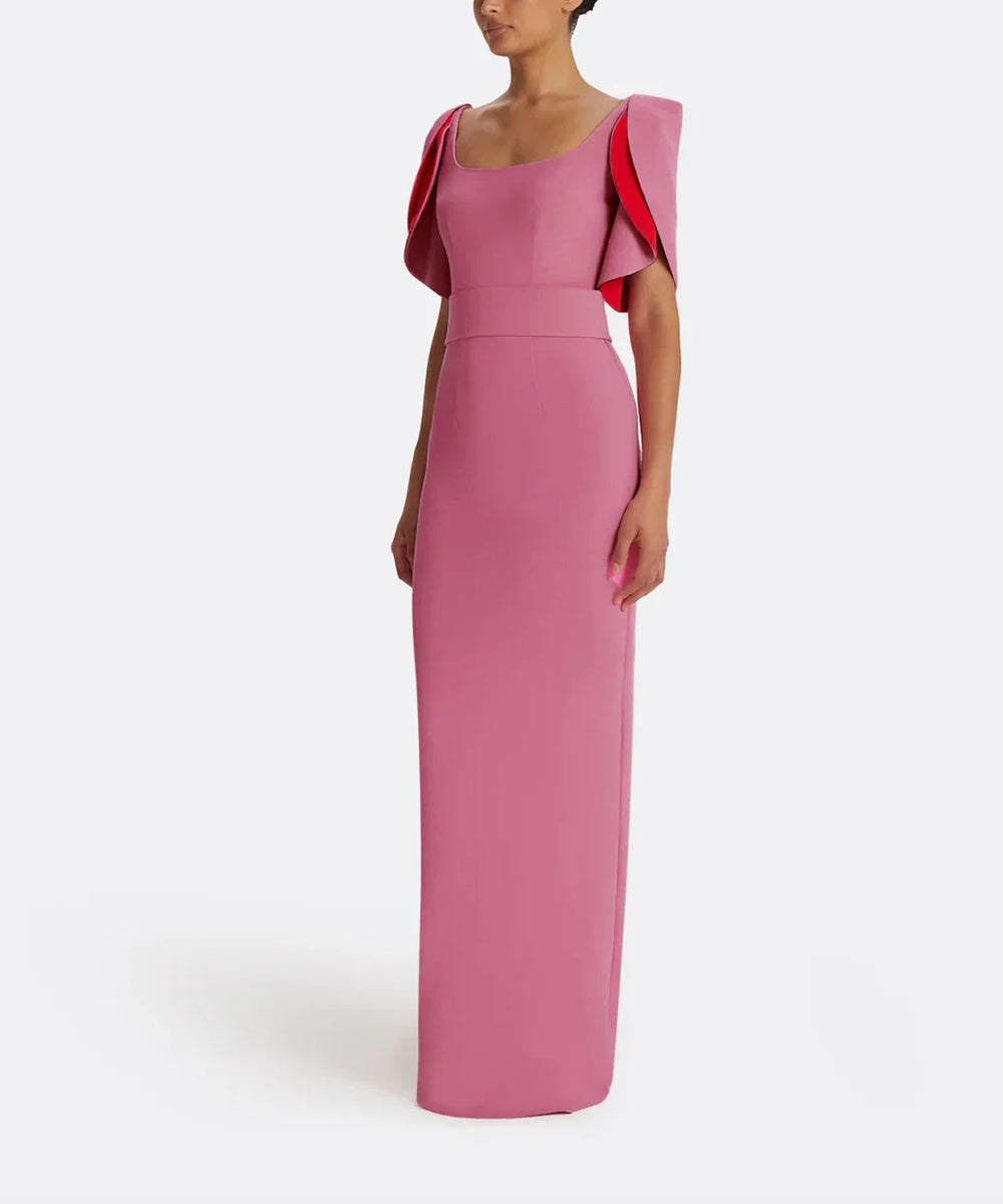 Square Neck Contrast Lining Cape Sleeve Wide Waistband Column Maxi Evening Gown