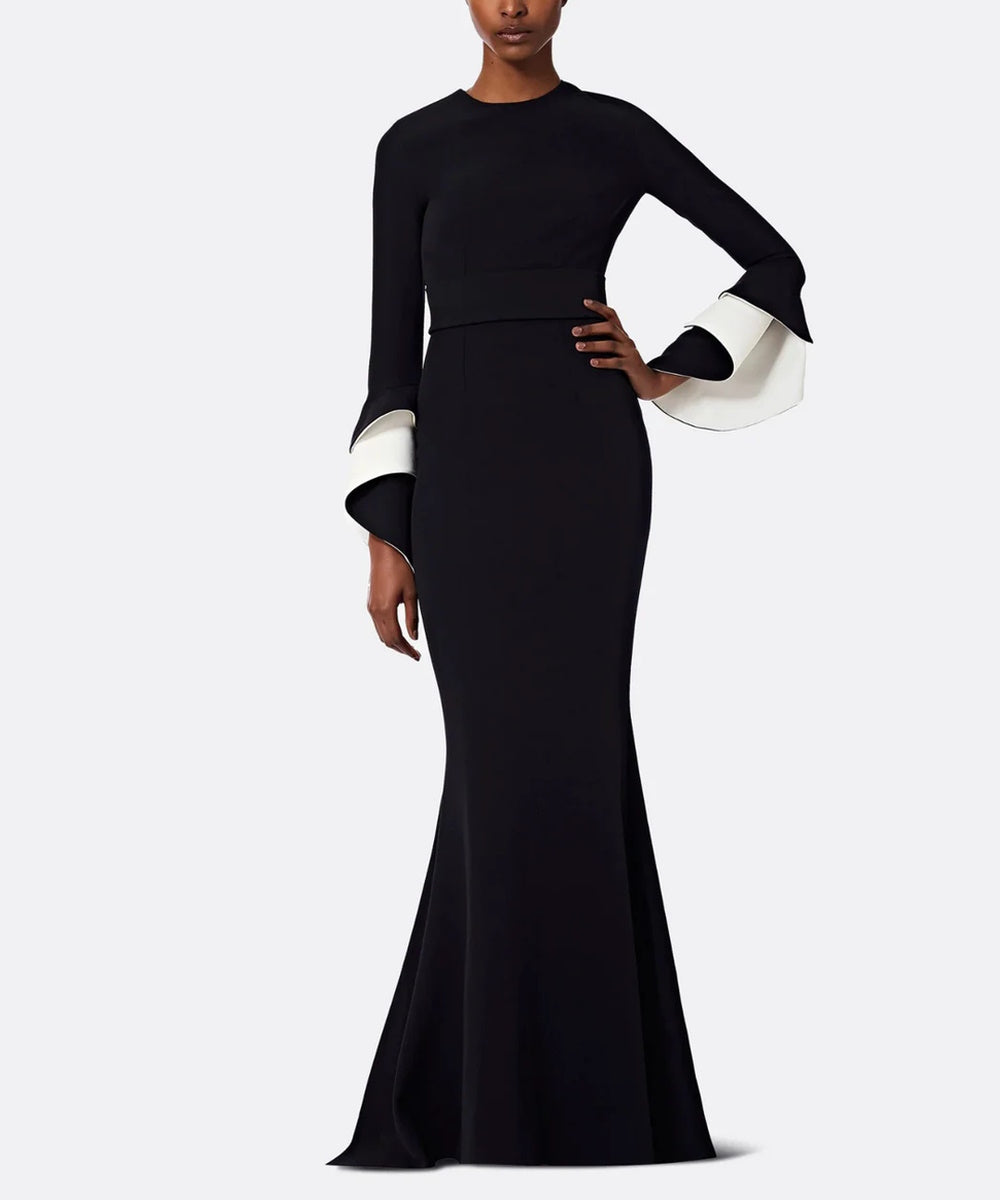 Black Crew Neck Two-Tone White Layered Flared Cuff Mermaid Train Evening Gown