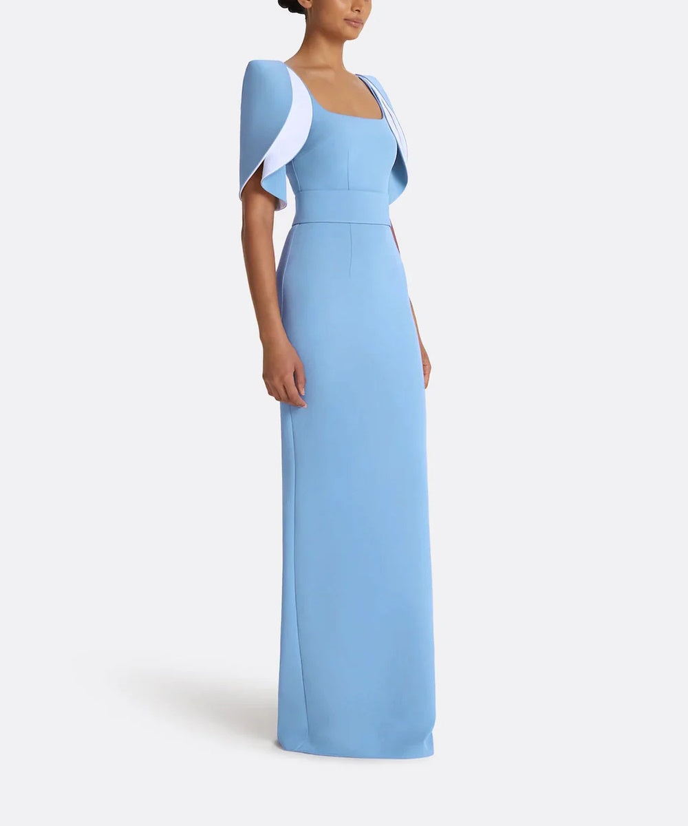 Sky Blue Square Neck Contrast Cape Sleeve Waistband Column Maxi Evening Gown