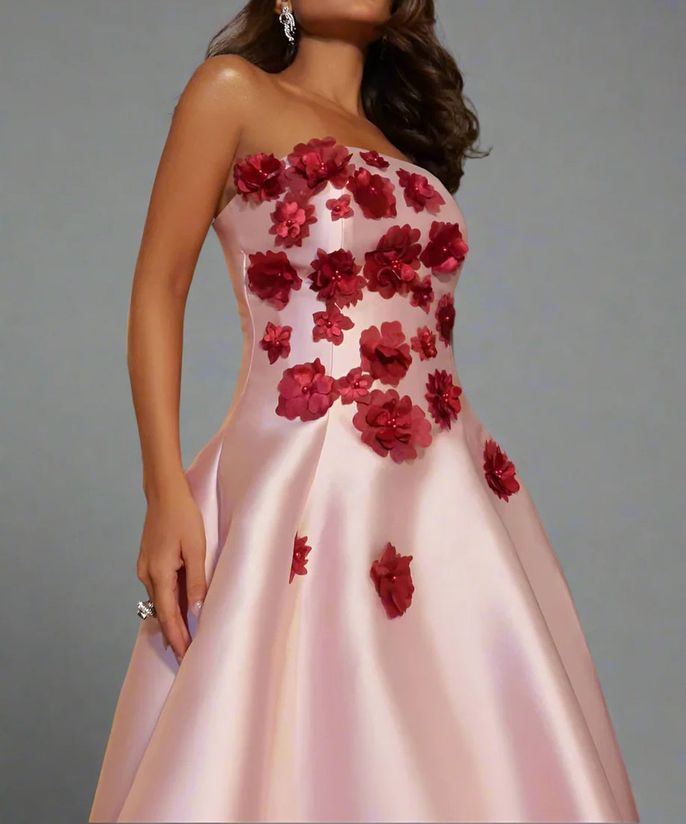 Light Pink Strapless 3D Burgundy Floral Applique Satin A-Line Maxi Evening Gown